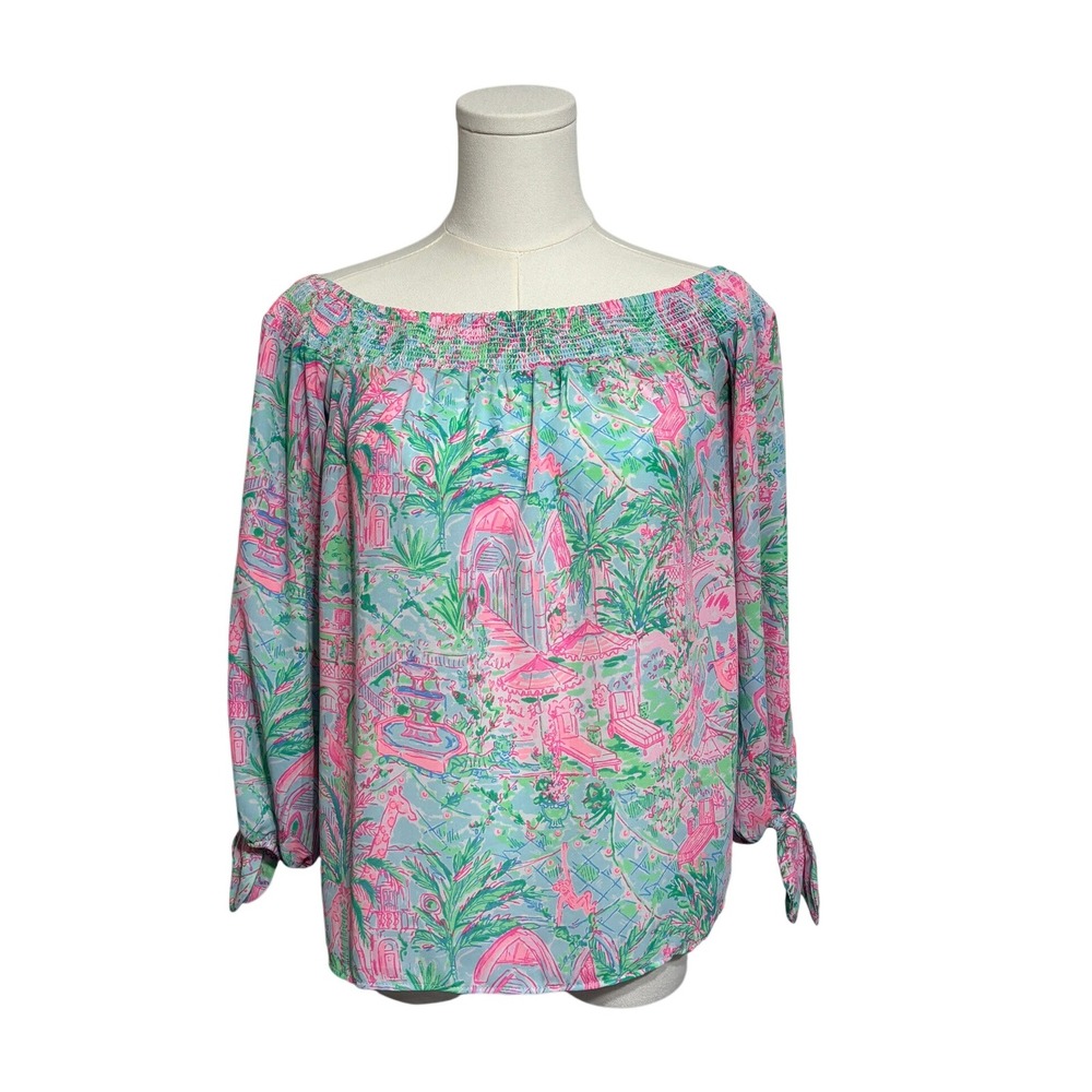 Lilly Pulitzer XS Maryellen Off Shoulder Long Sleeve Top Preppy Coastal Tropical